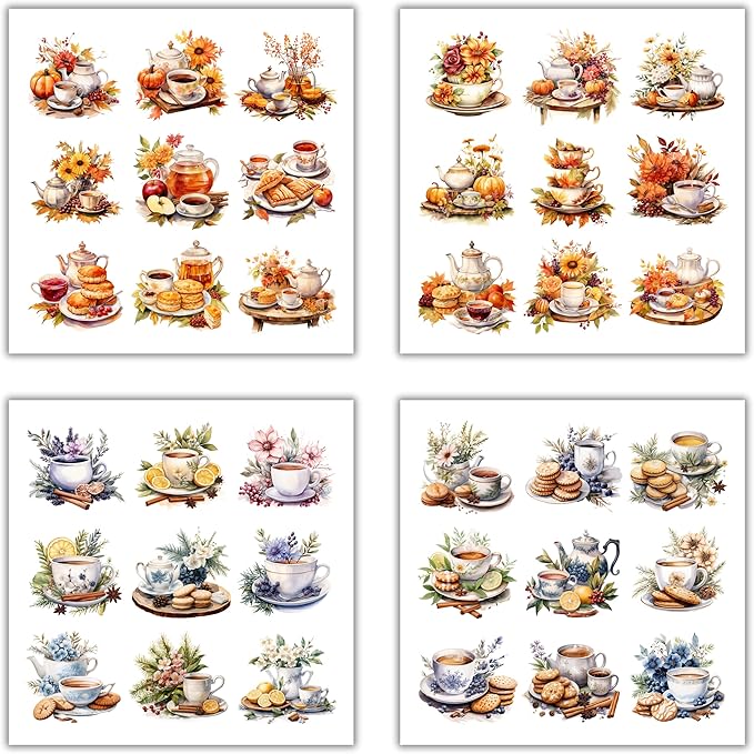 XERE 144 Pcs Tea Sets Four Seasons Sticker Book for Journaling Notebooks, Sketchbook, Bookmark Making, Junk Journal, Budget Planner, Scrapbook Art Supplies Stickers