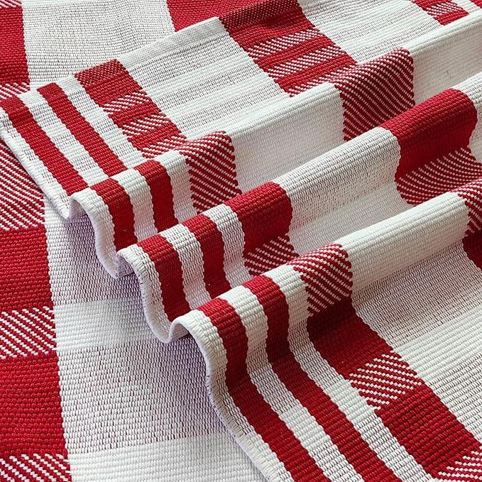 Christmas Door Mat Outdoor 3' x 5' Red and White Plaid Rug Christmas Decor Rug Cotton Hand-Woven Layered Door Mats Washable Carpet for Front Porch, Kitchen, Farmhouse, Entryway (3' x 5')