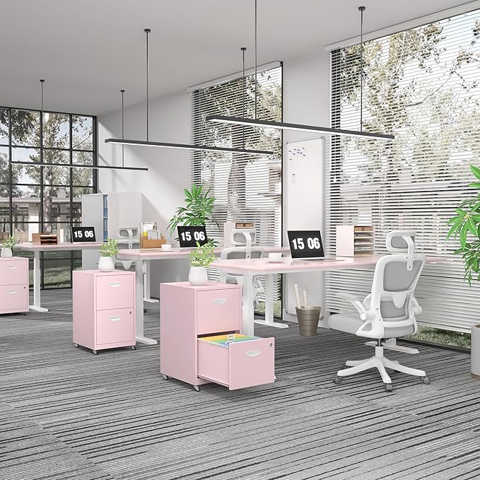 2 Drawer File Cabinet with Lock,Pink Rolling File Cabinet for Home Office, Metal Small Mobile Filing Cabinets on Wheels for Hanging Letter