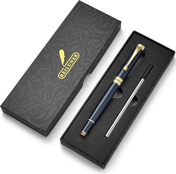 BEILUNER Ballpoint Pens, Stunning Blue Chrome Metal Pen with Golden Trim, Best Ball Pen Gift Set for Men & Women, Professional, Executive, Office,Fancy Pens-Gift Box with 0.5mm Black Extra Refill