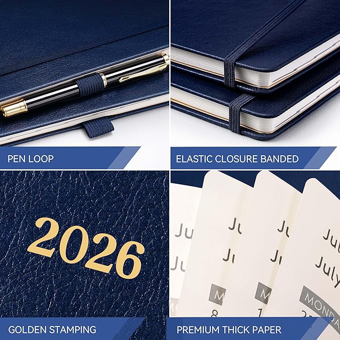2026 Planner - Planner 2026, Leather Calendar Weekly and Monthly, 9"x11", Jan 2026 - Dec 2026, Leather Hardcover, Pen Loop, Elastic Closure, Pocket - Navy