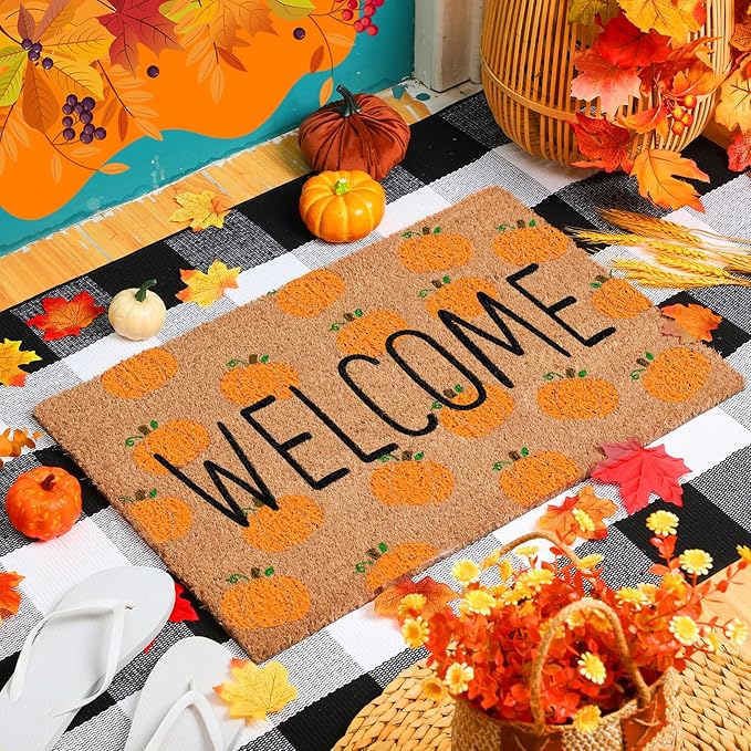 2 Pcs Thanksgiving Coir Doormat Outdoor Thanksgiving Orange Pumpkin Welcome Outdoor Rugs for Layered Buffalo Black White Plaid Mats for Autumn Fall Front Door Porch Entryway Decor
