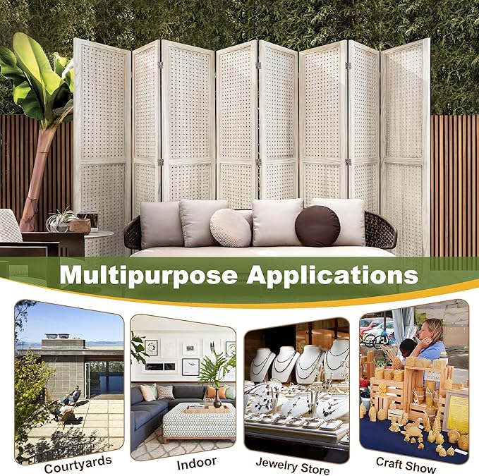 NicBex Room Divider 8 Panel Pegboard Display 5.6FT Wood PegBoard Room Dividers, Folding Privacy Screens Portable Display Board Wall Divider for Craft/Art Shows, Room Separation, Natural Wood