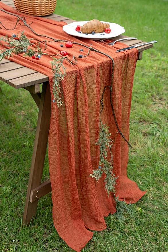 Fall Thanksgiving Table Runner Terracotta Decorations 120 Inch 10 FT Rustic Burnt Orange Sheer Cheese Cloth for Baby Bridal Shower Friendsgiving Party Centerpiece Gauze Decor for Home
