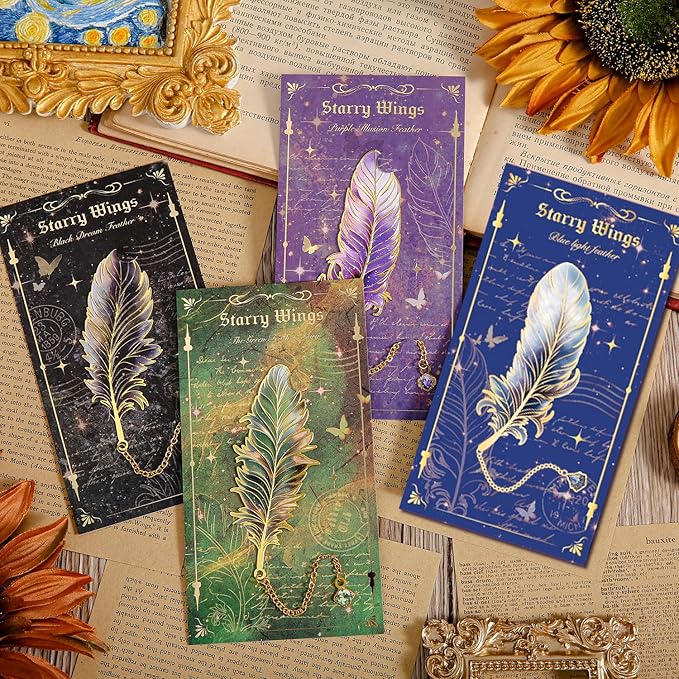 Feather-Shaped Metal Bookmarks with Chain, 4-Pack Vintage-Inspired Book Marks Set - Cute Unique Page Markers Gifts for Book Lovers, Readers, Writers, Reading Women, Men, Kids, Teens (Starry Wings)