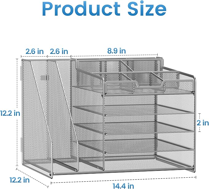Lavatino 5-Tier Metal Mesh Desk Organizer with 2 File Holders & 7 Customizable Compartments | Paper Letter Tray for Office or Home Desk Storage | Keep Workspace Supplies Neat & Organized, Silver