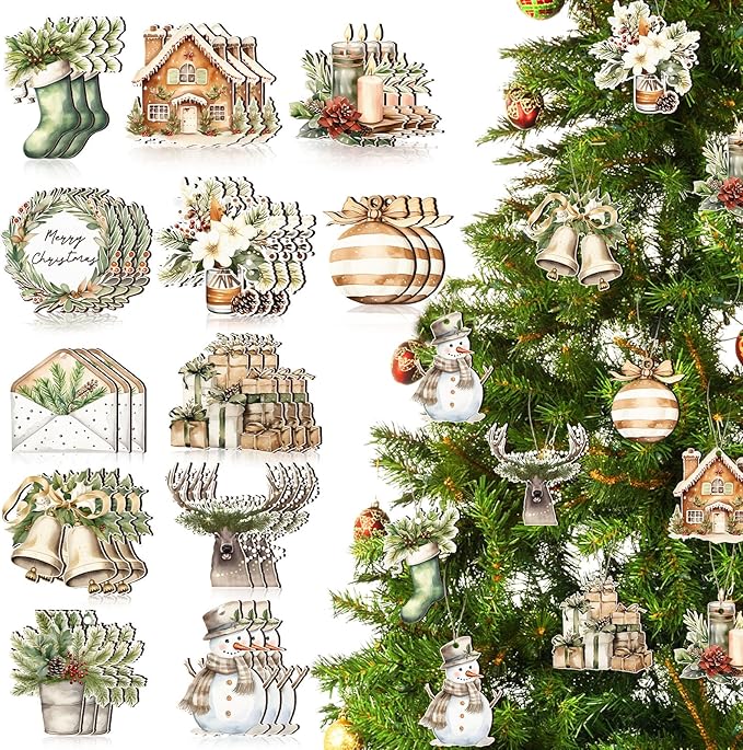 Huwena 36 Pcs Woodland Christmas Ornaments Farmhouse Winter Wooden Ornaments Snowman Reindeer Wreath Bells Flowers Wood Cutouts Tags with Ropes Country Neutral Christmas Decor for Xmas Tree Gifts