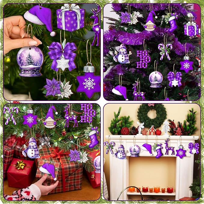 Huwena 36 Pcs Christmas Wooden Ornaments Purple Christmas Decorations for Tree Snowman Gnomes Poinsettia Flowers Truck Wreath Wood Cutouts Tags with Ropes Winter Decor for Xmas Tree Gifts