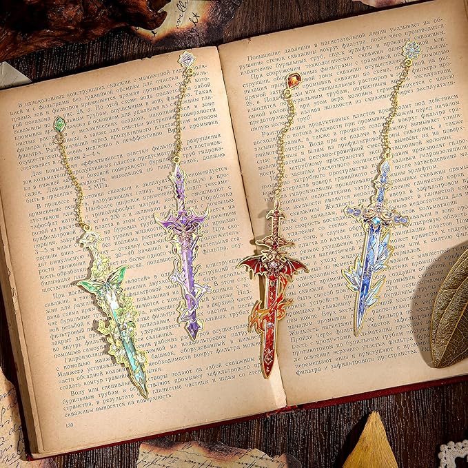 4pcs Fantasy Sword Bookmarks for Books, Journals, Planners - Cool Metal Book Markers for Reading Women & Men, Unique Book Marks Gifts for Book Lovers, Reading Accessories for Students & Adults & Kids