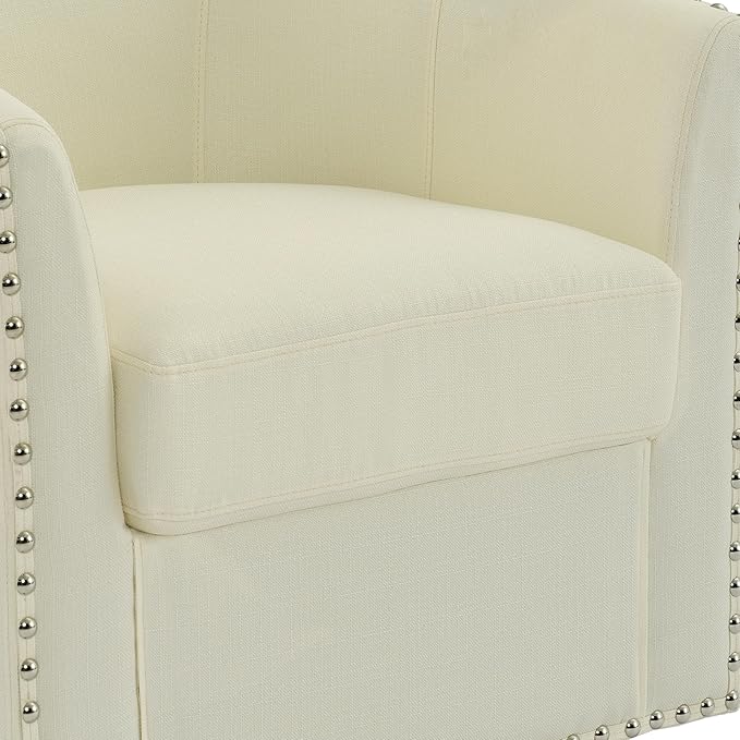 UIXE 360° Swivel Barrel Accent Chair, Modern Upholstered Arm Chair Round Club Armchair, Nailhead Trim Single Sofa Seating in Fabric for Living Room - White