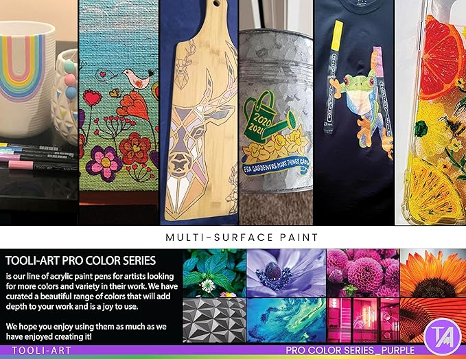 TOOLI-ART 22 Acrylic Paint Markers Paint Pens Pro Color Series Set 3mm Medium Tip for Rock Painting, Glass, Mugs, Wood, Metal, Glass Paint, Canvas, DIY. Non Toxic, Waterbased, Quick Drying (PURPLE)