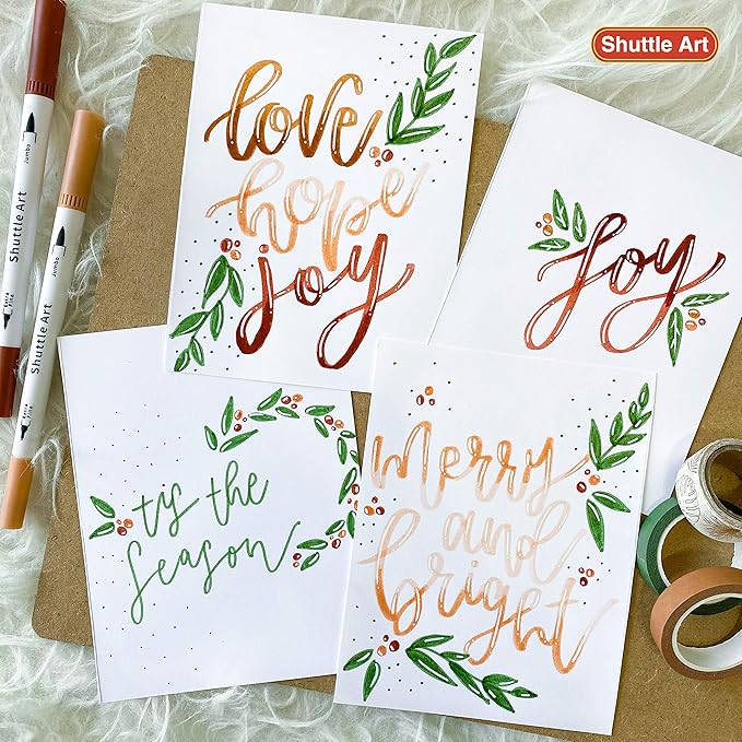 Shuttle Art Dual Brush Marker Pens, 56 Colors Water-based Ink, Dual Tip Calligraphy Pens Fineliner and Brush Tip perfect for Kids Adult Artist, Hand Lettering, Journal, Doodling, Writing