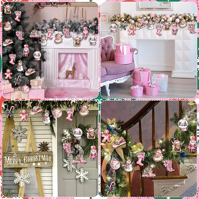 Huwena 36 Pcs Pink Christmas Ornaments Wooden Western Christmas Decorations for Tree Nutcracker Gingerbread Man Cowgirl Boots Hat Wood Cutouts Tags with Ropes Winter Decor for Xmas Tree Wreath Gifts
