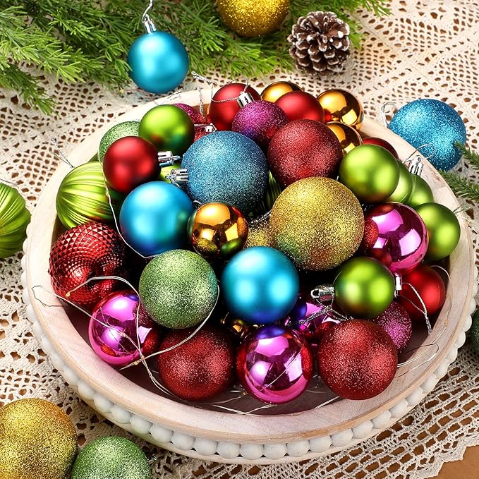 64 Pcs Neon Christmas Ball Ornaments Bright Christmas Ornaments Shatterproof Glitter Neon Red Pink Yellow Blue Green Xmas Baubles 1.6/1.97/2.4 Inch 80s 90s Christmas Ornaments for Tree Home