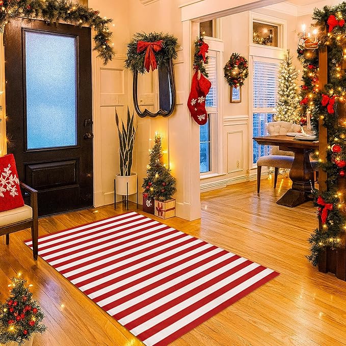 Christmas Red & White Striped Rug - 4' x 6' Outdoor Front Door Decor Mat Cotton Washable Hand-Woven Rug Christmas New Year Holiday Porch Entryway Layered Doormat