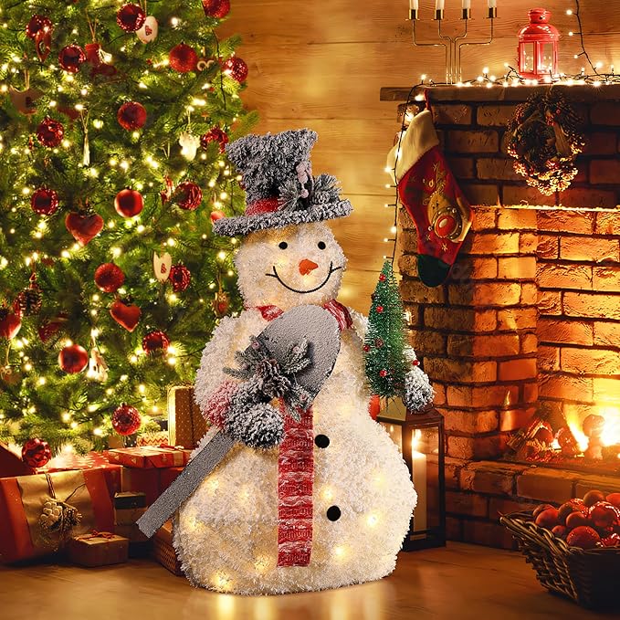 LuxenHome 3FT Lighted Snowman Outdoor Christmas Decorations, Battery Operated Frosted Snowman Christmas Decor with 40 LED Light, Xmas Decorations Outdoor, Indoor for Porch, Lawn Holiday Display