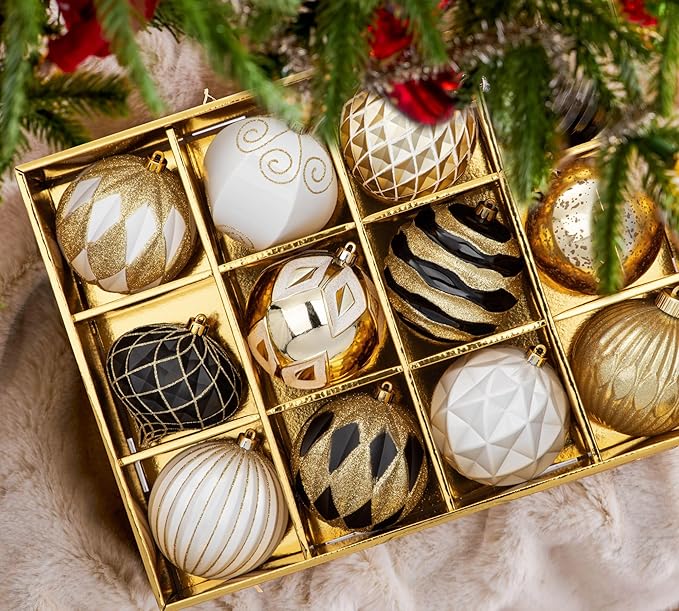 Hollyone 4 Inch Black & White & Gold Christmas Ornaments - 12 Pcs Shatterproof Tree Ornaments for Xmas Tree Decor & Party Wreath Home Decor