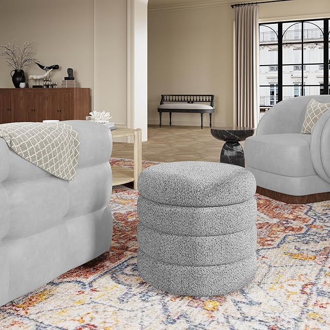 Storage Ottoman, Round Ottoman with Storage, Vanity Stool Foot Rest with Removable Lid, Round Boucle Upholstered for Living Room Pouf Footstool
