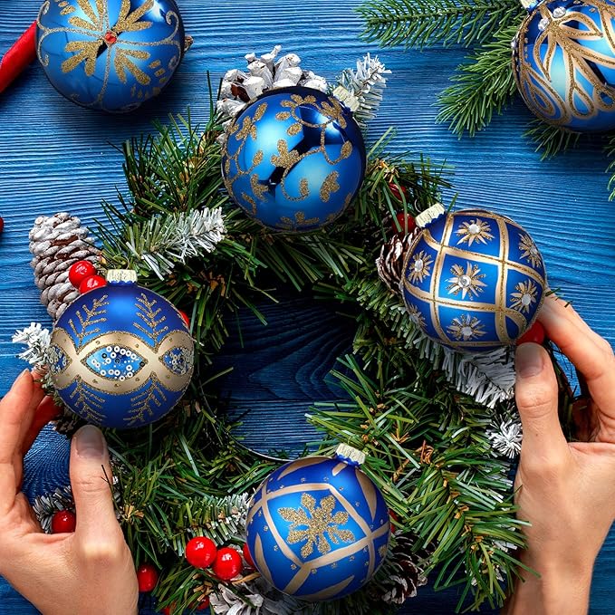 6 pcs 3.15 Inch Glass Luxury Christmas Ball Blue and Gold Ball Ornaments Glass Christmas Tree Decorations Luxury Hanging Ornaments for Xmas Tree Party Holiday Decor
