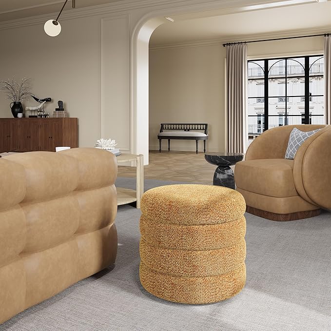 Storage Ottoman, Round Ottoman with Storage, Vanity Stool Foot Rest with Removable Lid, Round Boucle Upholstered for Living Room Pouf Footstool