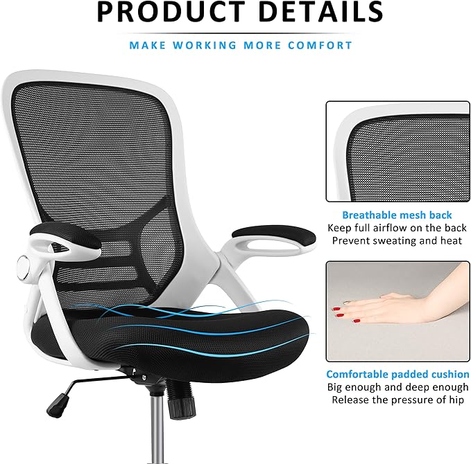 HYLONE Drafting Chair, Tall Office Chair Mesh Standing Desk Stool with Adjustable Foot Ring, Flip-Up Arms, White & Black