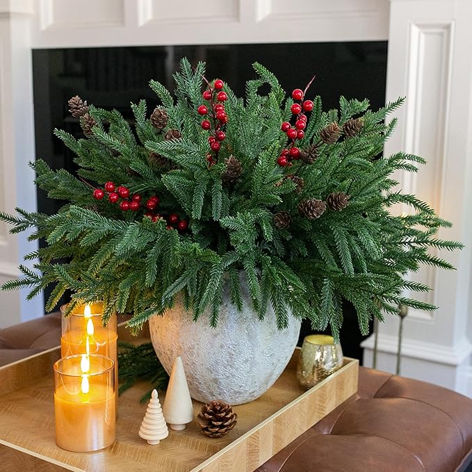Artificial Christmas Norfolk Pine Stems Branches for Vases,17 Bundles Faux Pine Branches with Pinecones and Red Berries Branches,Fake Greenery Evergreen Real Touch for Holiday Winter Table Xmas Décor