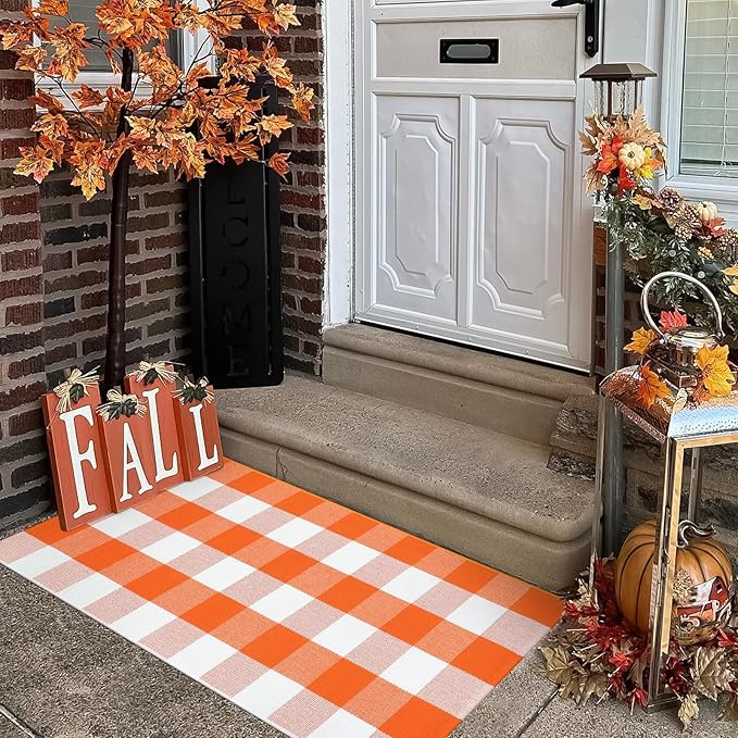 KIMODE Fall Door Mat Outdoor Orange and White 24"x51",Halloween Doormat,Washable Cotton Buffalo Plaid Check Front Door Rug for Layering Rugs,Halloween Porch Decorations,Entryway,Farmhouse