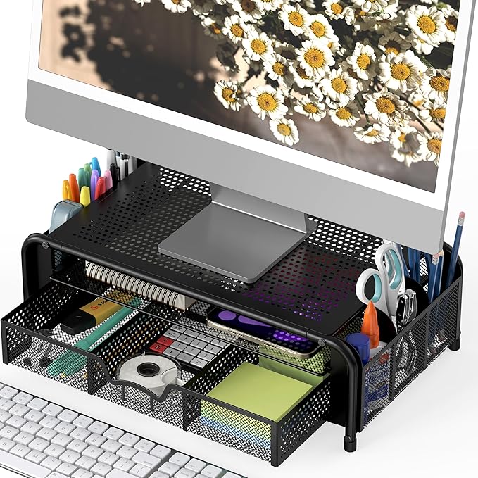 Simple Houseware Monitor Riser Stand with Pull-Out Drawer and Pen Holders, Black