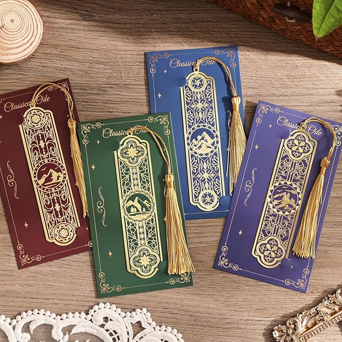 4 Pieces Metal Bookmarks with Tassel Big Size, Golden Vintage Aesthetics Scenery Mountain Theme Book Mark, Bookmark for Women Book Lovers Gift Writers Readers Teens Men