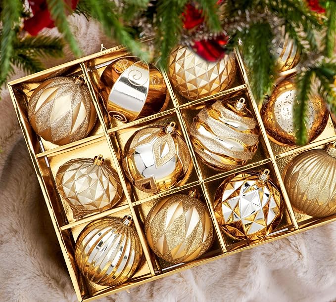 Hollyone 4 Inch Christmas Ball Ornaments 12Pcs Christmas Tree Balls Ornaments Colored Shatterproof Christmas Ornaments for Xmas Tree Decor for Holiday Party Wreath Home Decor (Champagne, 100mm)