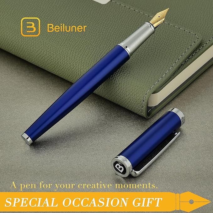 BEILUNER Luxury Fountain Pen Set,Solid 24K Gilded Medium Nib, Modern Classic Limited Edition -Includes 6 Ink Cartridges&Ink Refill Converter with Gift Case-Perfect for Men and Women(Charming blue)