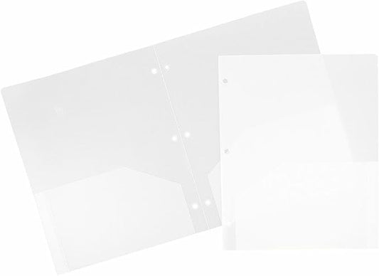 JAM PAPER Heavy Duty Plastic 3 Hole Punch Pocket Folders - Extra Tough School Folders - Clear - 3/Pack