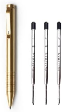Everyman Brass Mini Twist Grafton Pen & Ink Bundle, EDC Luxury Writing Utensil with Extra 3-pack of Black Gel Refills (.7mm), Pen with Pocket Clip, Gift for Office, Business