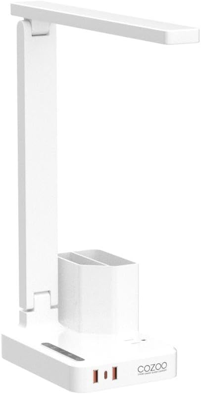 COZOO LED Desk Lamp with 2 USB Charging Ports,Type C Port,1 AC Outlet,2 Pen Holders,3 Color Temperature 3 Brightness Level,Touch/Memory/Timer,10W Eye Protection Foldable Reading Light,Study Lamp-White