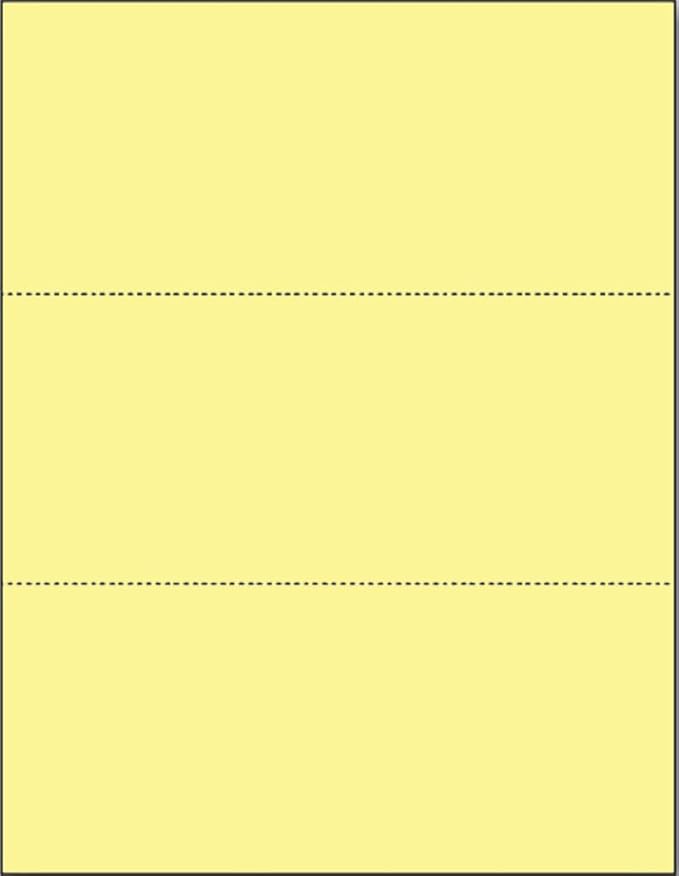 Limited Papers (TM) 8.5x11 Perforated Paper, 20/50 Pound, 75 GSM, Variety of Perforation Sizes and Colors, for Forms, Tickets, Postcards. (Canary, 3 up - horizontal 3 2/3" and 7 1/3" from bottom)