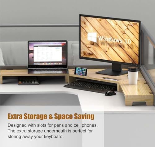 Large Corner Monitor Stand, Solid Wood Desk Organizer with Cable Management, Easy Assembly, Ideal for Office Supplies & Displays, Unfinished Wood, 11cm Height, Perfect for Home Office