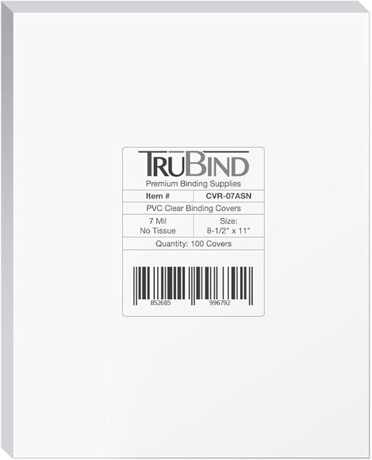 TruBind Binding Covers for Reports and Presentations - Crystal Clear PVC - 7 Mil Thick - Letter Size - 8 1/2 inch x 11 inch - Square Corners - No Tissue Interleaving - 100/Bx (CVR-07ASN)