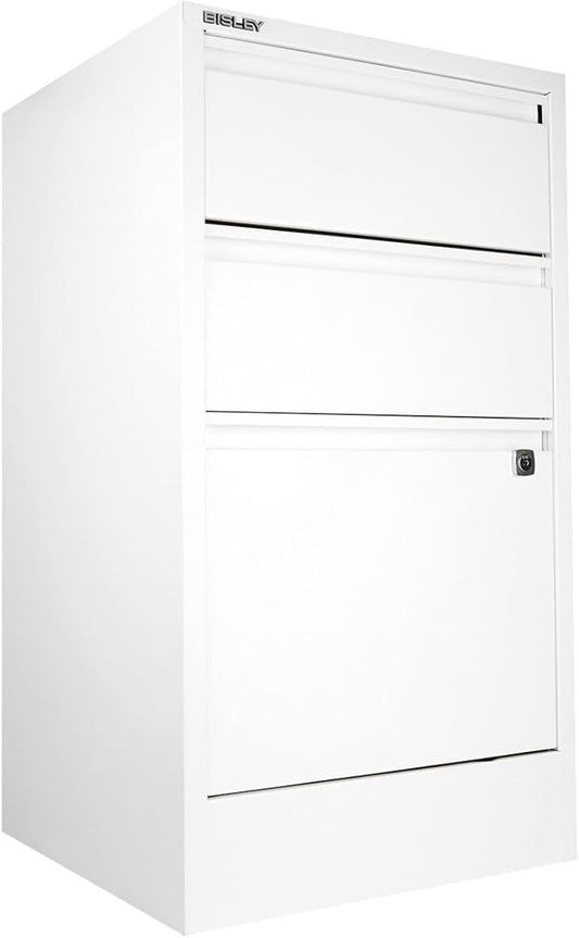 Bisley 3-Drawer Flush Front Vertical File Cabinet - Traffic White, 2 Utility Drawers + 1 Hanging File Drawer, Powder-Coated Steel, Locking Bottom Drawer