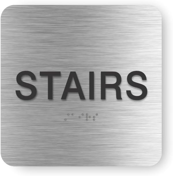 ADA STAIRS braille sign, 6” x 6”, ADA Compliant STAIRS Sign for Building or Business, Many Colors Choices, Made in USA! (Brushed Aluminum)