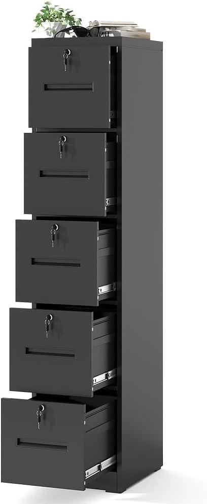 5 Drawer File Cabinet with 5 Locks, Metal Filing Cabinet Heavy Duty Vertical File Cabinets for Home Office, Steel File Storage Cabinets for Letter/Legal File Folders, Assembly Required (Black)
