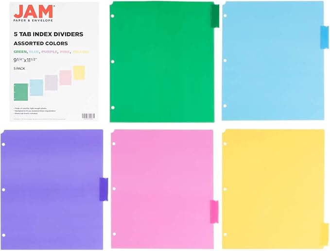 JAM PAPER Plastic Index 5-Tab Dividers - 9 3/4 x 11 1/2 - Assorted Multi-Color - 5 Tabbed Dividers/Pack