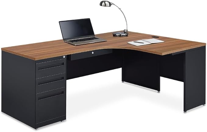 NBF L-Shaped Executive Office Desk - Durable Laminate Computer Desk with 3 Drawers Pedestal - Modern Desk with Storage and File Cabinet - 72" W x 48" D Office Work Desk, Oak