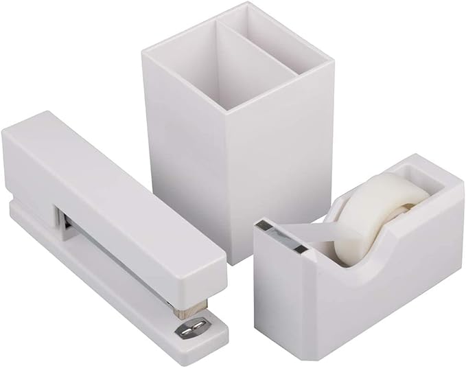 JAM PAPER Desk Trio Pack - White - Stapler, Tape Dispenser & Pen Holder - 3/Pack