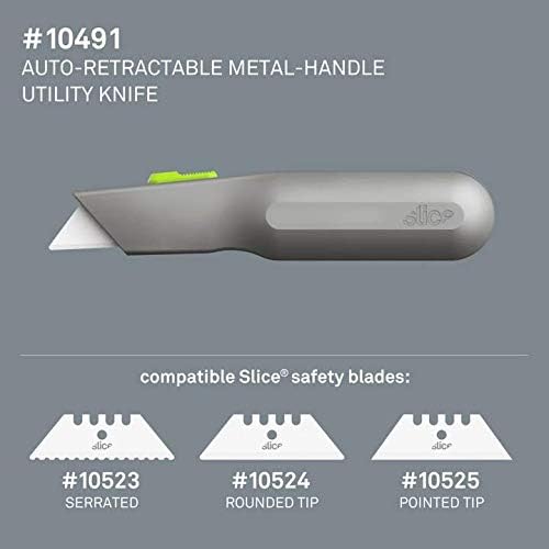 Slice 10491 Metal-Handle Utility Knife, Finger Friendly Ceramic Blade, Auto Retracts for Safety, Heavy Metal Handle, Comfortable Grip, Stores Extra Blade, Ambidextrous, Easy Blade Change - 6 Pack