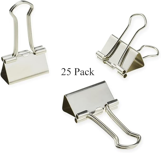 HAHIYO Binder Clips Paper Clamps Spring Steel Sturdy 0.98 inches Width 0.31 Inch Capacity No Sharp Edges Heavy Duty Tight Grip Reusable Silver Metal Bright Finish for Home Office School 25 Pack