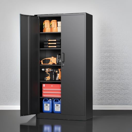 STANI Metal Garage Storage Cabinet with Lock, 71" Steel Lockable File Cabinet, Locking Steel Storage Cabinet with 5 Adjustable Shelves for Home, Office, Warehouse, Garage, School (Black)