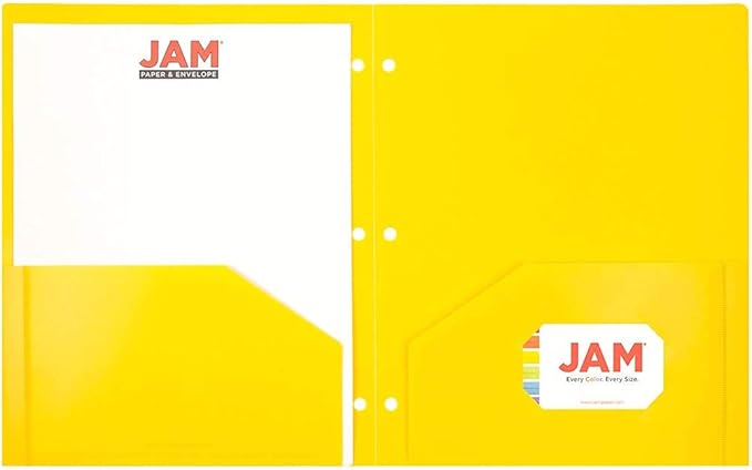 JAM PAPER Heavy Duty Plastic 3 Hole Punch Pocket Folders - Extra Tough School Folders - Yellow - 6/Pack