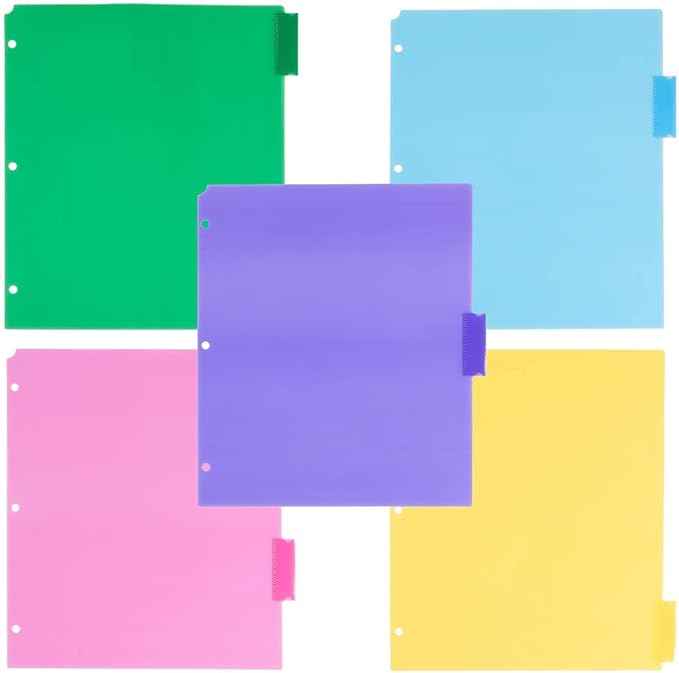 JAM PAPER Plastic Index 5-Tab Dividers - 9 3/4 x 11 1/2 - Assorted Multi-Color - 5 Tabbed Dividers/Pack