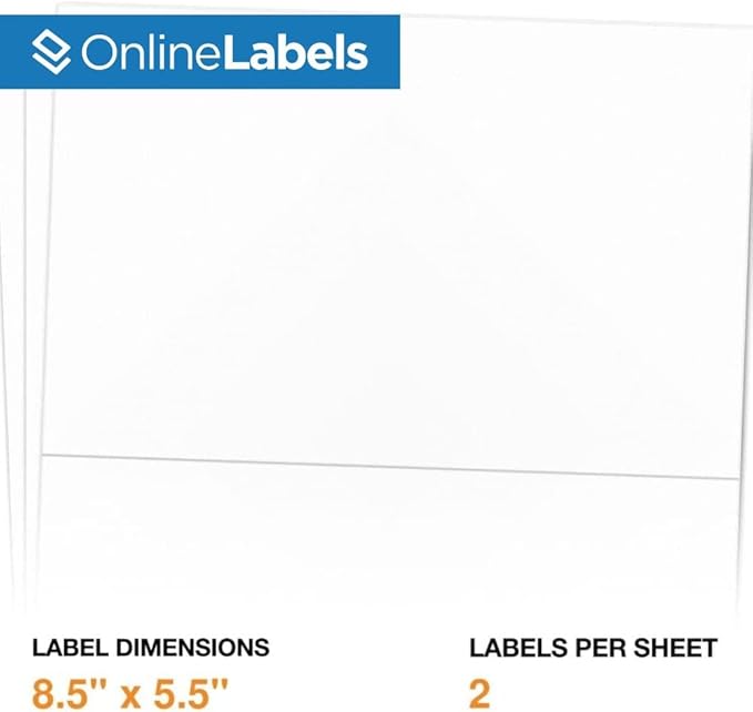 OnlineLabels 8.5 x 5.5 Half-Sheet Shipping Labels - Permanent, White Matte - for FBA, FedEx, UPS - Pack of 10,000 Labels, 5,000 Sheets - Inkjet/Laser Printers