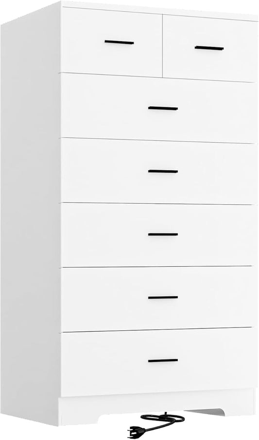 47.3" Tall Dresser for Bedroom Chests of Drawers with Charging Station 7 Drawer Dressers with Metal Slide Rail Modern Wood Closet Organizer with Large Storage for Home Office Entryway